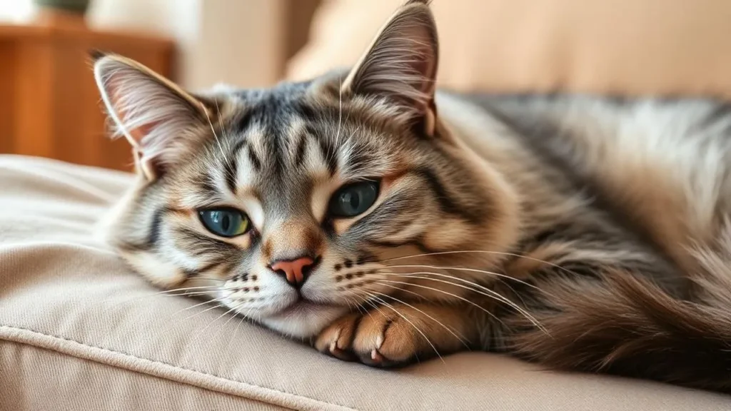 Grey senior cat resting on a couch, representing pet insurance for senior cats